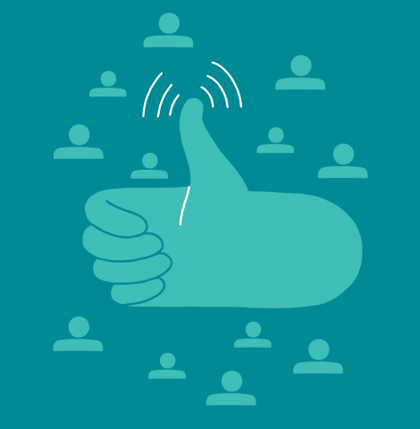 Grafik eines Daumen-hoch-Symbols mit umgebenden Benutzer-Silhouetten, das positive Interaktionen und soziale Zustimmung darstellt.