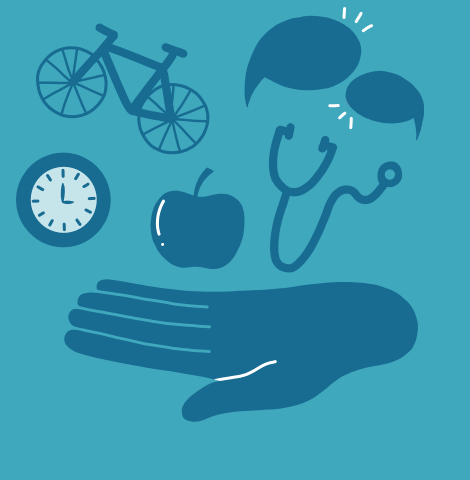 Grafik mit Symbolen, die Gesundheit und Fitness darstellen: ein Fahrrad, eine Uhr, ein Apfel, ein Stethoskop und Sprechblasen, die Kommunikation und Wohlbefinden symbolisieren.