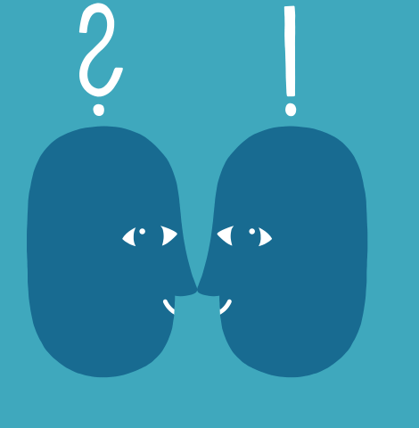 Illustration von zwei stilisierten Gesichtern, die sich gegenüberstehen, mit einem Fragezeichen und einem Ausrufezeichen über ihren Köpfen, symbolisiert Kommunikation und Interaktion.