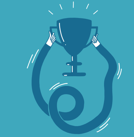 Illustration eines Pokals, der von zwei Händen gehalten wird, auf einem blauen Hintergrund. Die Darstellung symbolisiert Erfolg und Errungenschaften.