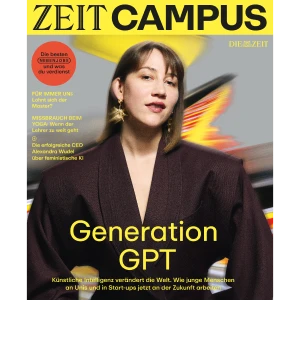 Titel des Magazins "ZEIT CAMPUS" mit dem Fokus auf "Generation GPT". Das Cover zeigt eine junge Frau in modischer Kleidung und thematisiert den Einfluss von Künstlicher Intelligenz auf die Zukunft der Arbeitswelt und Start-ups.