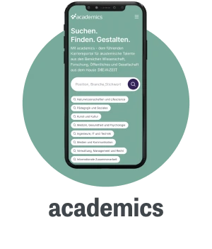 Smartphone mit der Benutzeroberfläche von academics.de, die verschiedene Kategorien für Stellenangebote in Wissenschaft, Forschung und Gesellschaft zeigt.