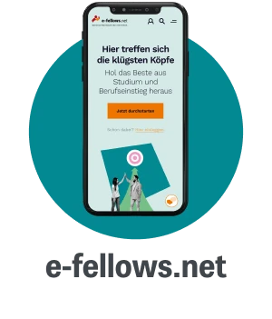 Smartphone zeigt die Webseite e-fellows.net mit dem Slogan "Hier treffen sich die klügsten Köpfe" und einer Aufforderung zur Anmeldung.