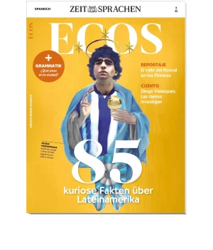 Zeitschrift ECOS mit dem Titel "85 kuriose Fakten über Lateinamerika", präsentiert auf einem bunten Cover mit einer Person in einem blauen und weißen Trikot, die einen Pokal hält.
