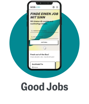Smartphone mit der Website Good Jobs, die nachhaltige und soziale Jobangebote präsentiert, einschließlich der Suchfunktion für Architekten.