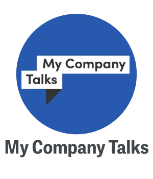 Logo von "My Company Talks" mit einem blauen Hintergrund und einem Sprechblasen-Design. Ideal für Unternehmenskommunikation und Markenpräsentation.