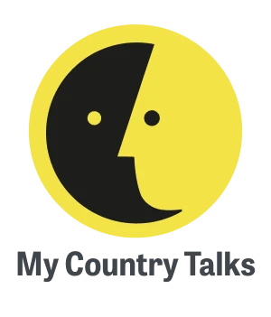 Logo von Big Summer Taler mit einem gelben Hintergrund und einem stilisierten Gesicht, das in Schwarz und Gelb geteilt ist. Das Design symbolisiert Freude und Kreativität.