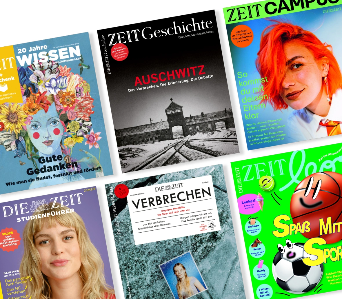 Collage von Zeitschriften der Reihe "DIE ZEIT", darunter Ausgaben zu Themen wie Geschichte, Wissen, Verbrechen und Sport. Die Cover zeigen farbenfrohe Designs und ansprechende Titel, darunter "AUSCHWITZ", "Gute Gedanken" und "Spaß mit Sport".