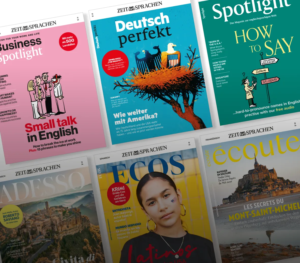 Collage von Sprachmagazinen der Reihe "Zeit für Sprachen", darunter "Business Spotlight", "Deutsch perfekt", "Spotlight", "Ecos", "Écoute" und "Adesso". Jedes Magazin behandelt verschiedene Themen wie Small Talk auf Englisch, kulturelle Unterschiede, Kriminalgeschichten und Reiseberichte.