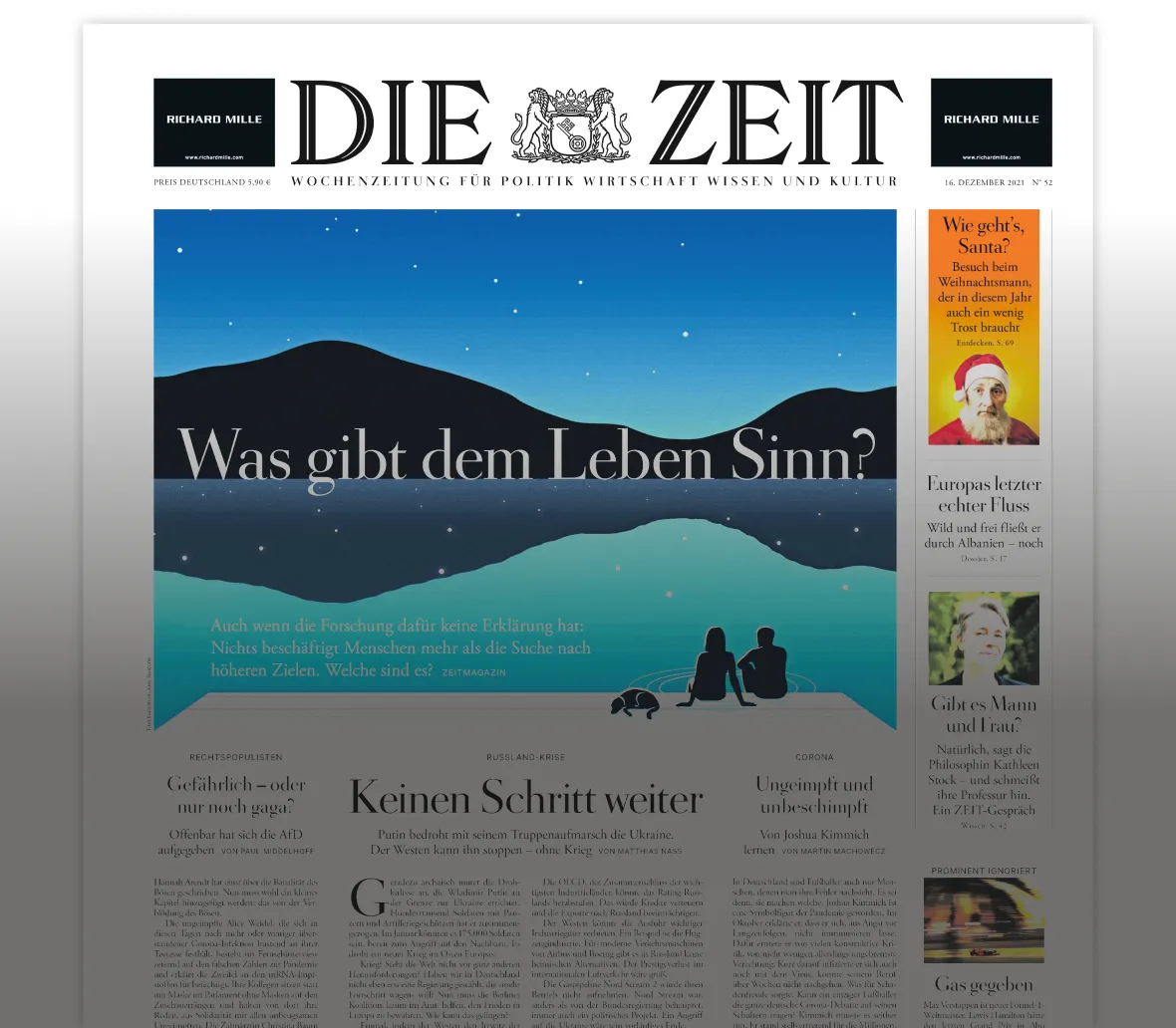 Titelseite der Wochenzeitung "Die Zeit" vom 16. Dezember 2021, die eine Frage zur Sinnsuche im Leben aufwirft, umgeben von einer ruhigen Landschaft mit einem See und einem Paar, das am Ufer sitzt.