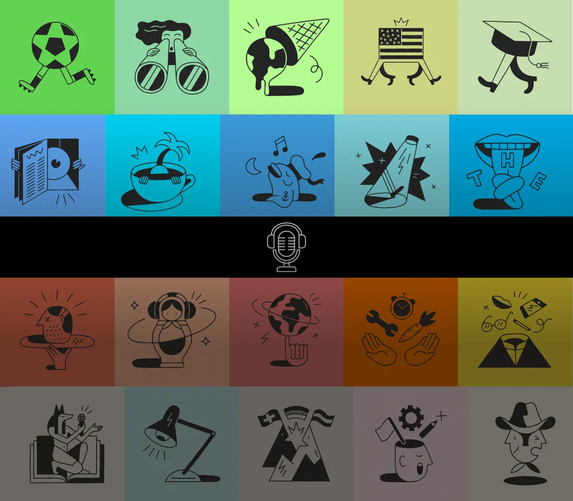 Eine Collage mit verschiedenen Illustrationen, die Freizeitaktivitäten und Interessen darstellen, einschließlich Sport, Musik, Bildung, und kreative Hobbys. Die Bilder sind in bunten Kästchen angeordnet und zeigen Symbole wie einen Fußball, eine Eistüte, eine Sonnenbrille, ein Mikrofon und weitere kreative Elemente.