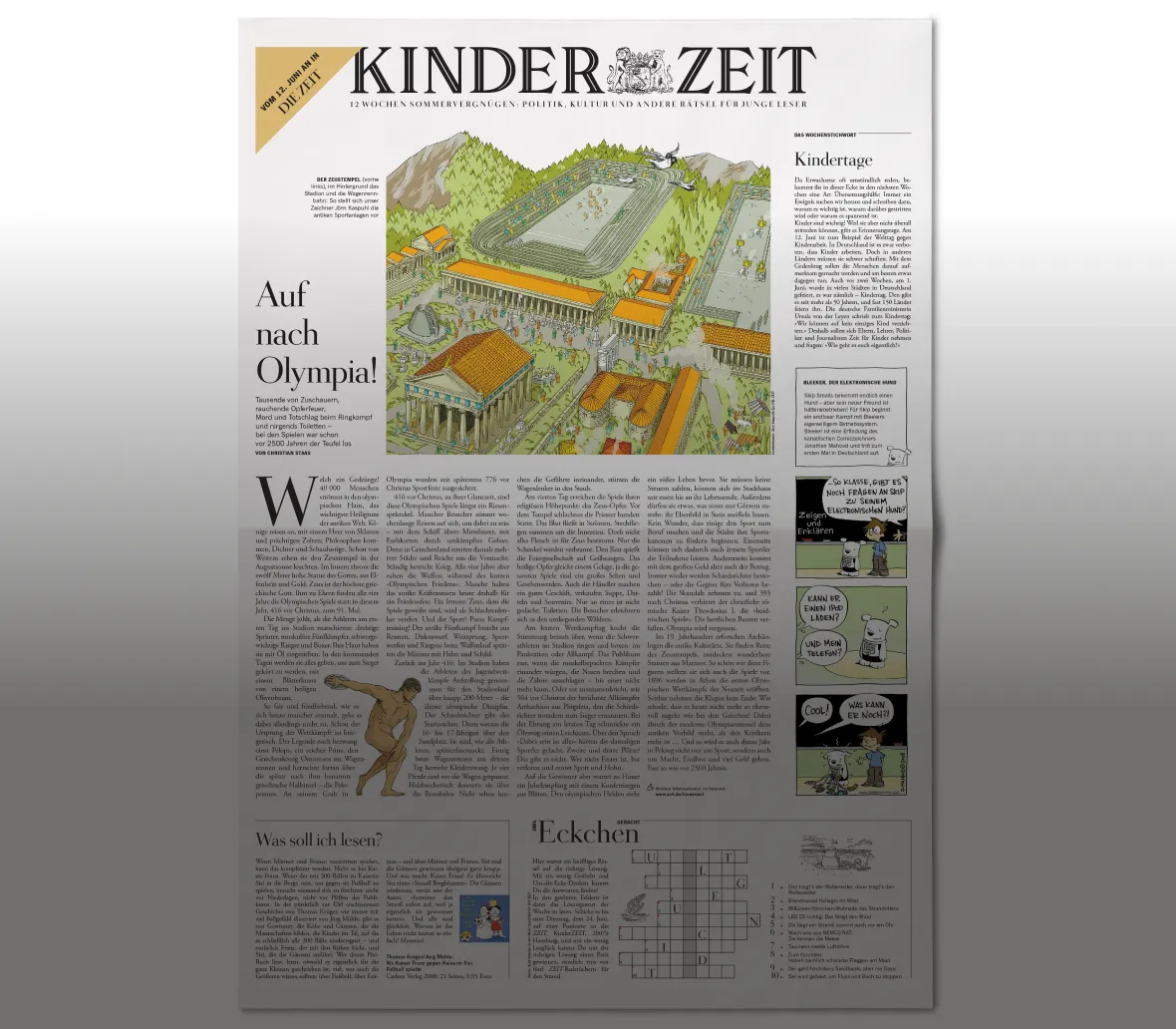 Illustration der Titelseite der Kinderzeit mit dem Titel "Auf nach Olympia!" und einem historischen Bild von antiken Olympischen Spielen, umgeben von Tempeln und Athleten. Die Seite enthält Artikel über Geschichte, Kultur und Rätsel für junge Leser.