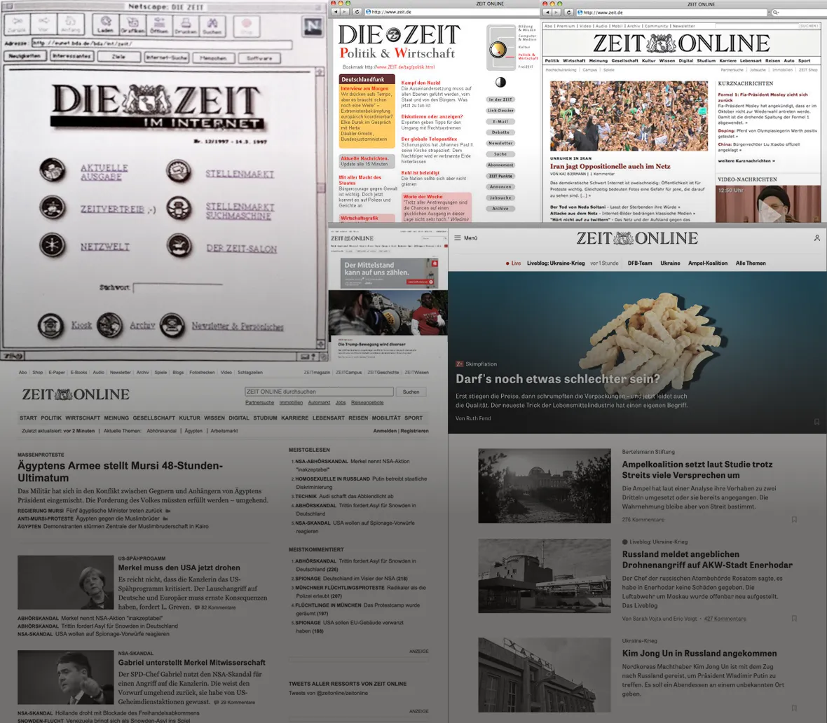 Screenshot der Website "Die Zeit" mit verschiedenen Ausgaben und Artikeln, einschließlich politischer Themen, Wirtschaftsnachrichten und aktuellen Nachrichten, dargestellt in einem Webbrowser. Die Seiten zeigen die Gestaltung und Struktur von "Die Zeit" und "Zeit Online".