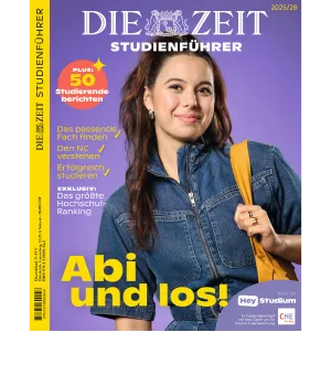 Cover des Studienführers "DIE ZEIT" für 2025/26 mit einer jungen Frau im Vordergrund. Der Titel hebt Themen wie Studienwahl, NC-Verständnis und erfolgreiche Studienstrategien hervor. Enthält das größte Hochschul-Ranking und Tipps für den Weg zur Universität.